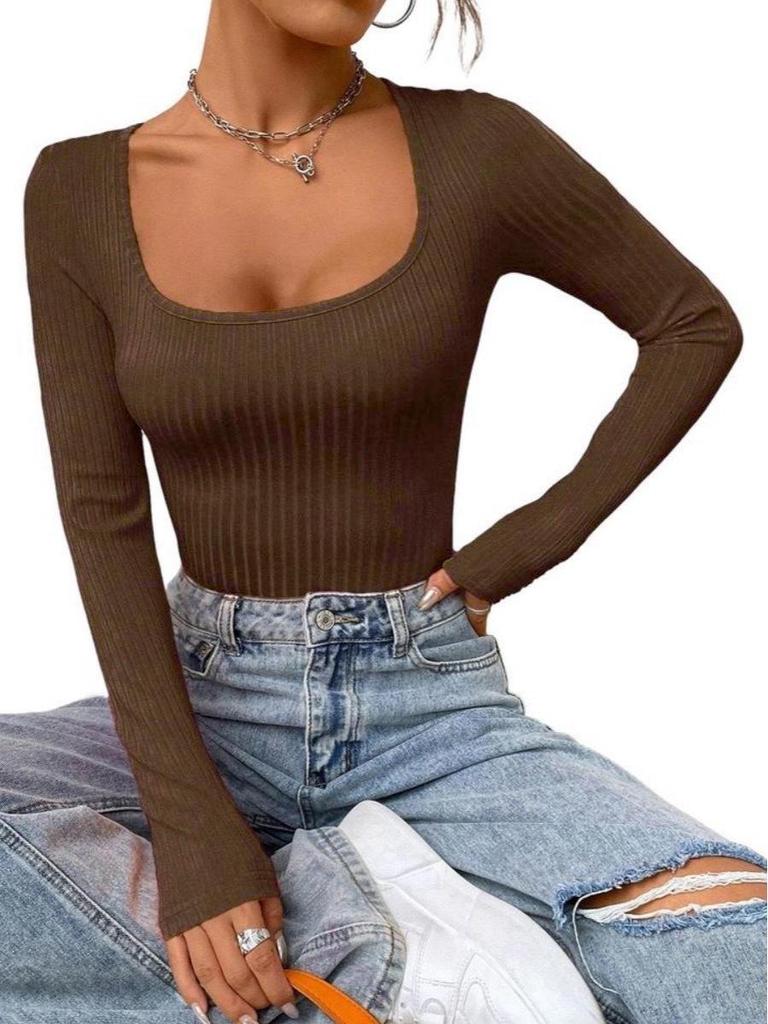 Evropský & Americký Žebrovaný Crew Neck Jednobarevný Jasný Dámský Jarní Crop Top Bodycon Dlouhý Rukáv