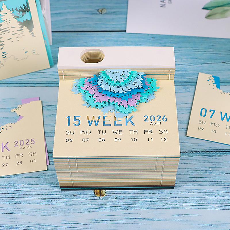 Časový kalendář 2026 Stolní kalendář s LED světlem 3D odtrhávací kalendář Papírové řezbářské umění Poznámkový blok Dárek Vánoce