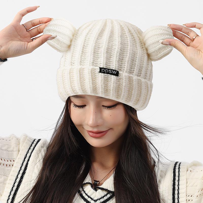 Cute Bear Knitted Wool Hat For Cycling Warm Cartoon Earmuffs Autumn And Winter