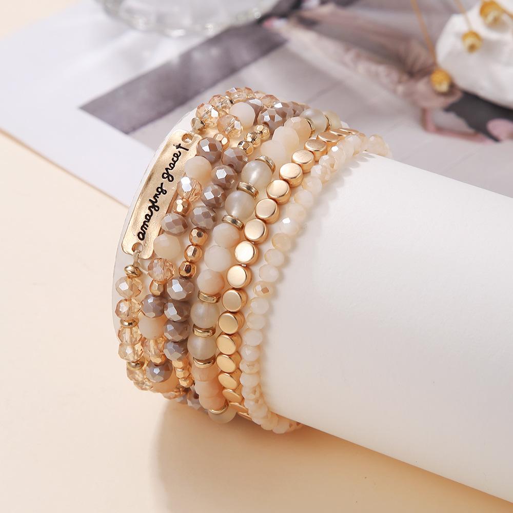 European and American jewelry, ethnic style crystal beaded bracelet 1-piece combination set, fashionable color elastic bracelet