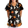 Damen Halloween Print V-Ausschnitt Kurzarm Kasack mit Taschen Lockerer Schnitt