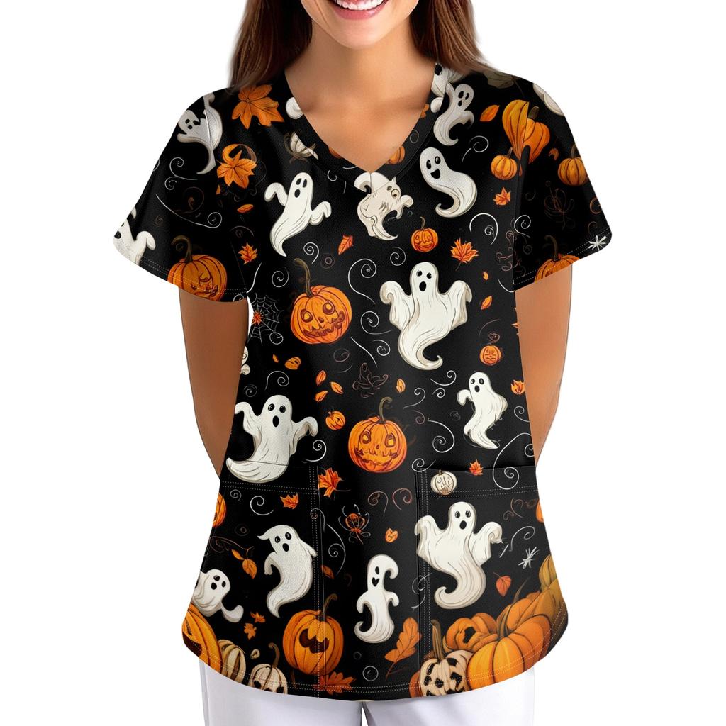 Damen Halloween Print V-Ausschnitt Kurzarm Kasack mit Taschen Lockerer Schnitt