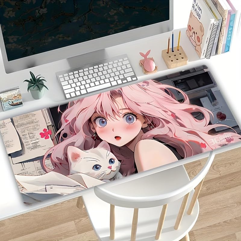 Large Mouse Pad with Cat and Girl Character Durable Rubber Stitched Suitable for Home and Gifts Pink-Haired Design, Non-Slip Material, Edges, Office,