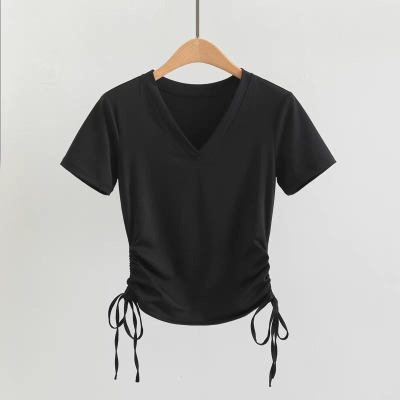 

Женские топы для йоги с V-образным вырезом и коротким рукавом, быстросохнущие, для весны и лета - Утягивающие, идеально подходят для пилатеса, фитнеса, бега и спорта S (80-95) чёрный