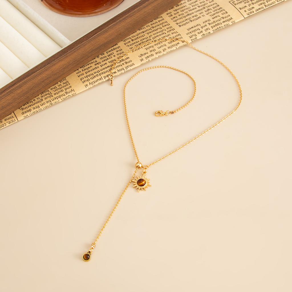 Maillard Style Tiger Eye Stone Pendant Y-shaped Thin Chain Sweater Necklace Women's Fashion Adjustable Rope Chain Daily Jewelry