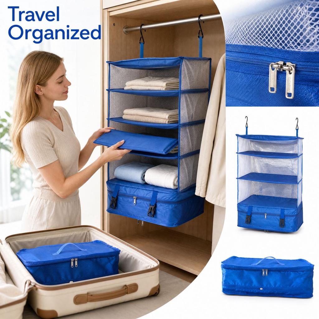7-in-1 Travel Storage Bags with Hanging Strap, Foldable Mesh for Suitcase and Home, 3-Layer Hanging Bag with Bottom Pocket