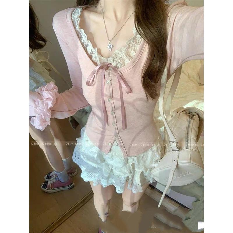 Spitzenbesatz Strickjacke mit Bindeband vorne Slim Fit Knopfleiste Pullover