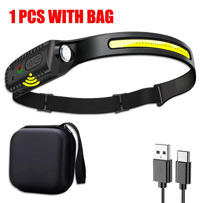 LED COB Sensor Headlamp USB Rechargeable Lamp with Built-in Battery 5 Lighting Modes Headlight Outdoor Emergency Working Lantern