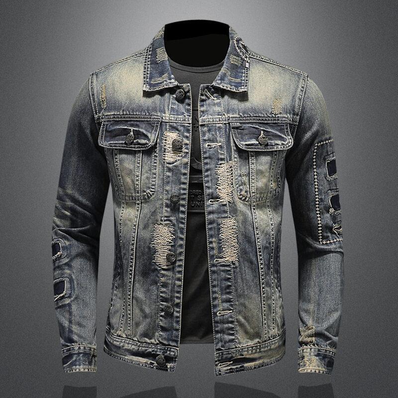 

Men s Wear 2026+Heavy Industry Hole Patch Men s Denim Jacket Top Black Coat 2XL светло-синий