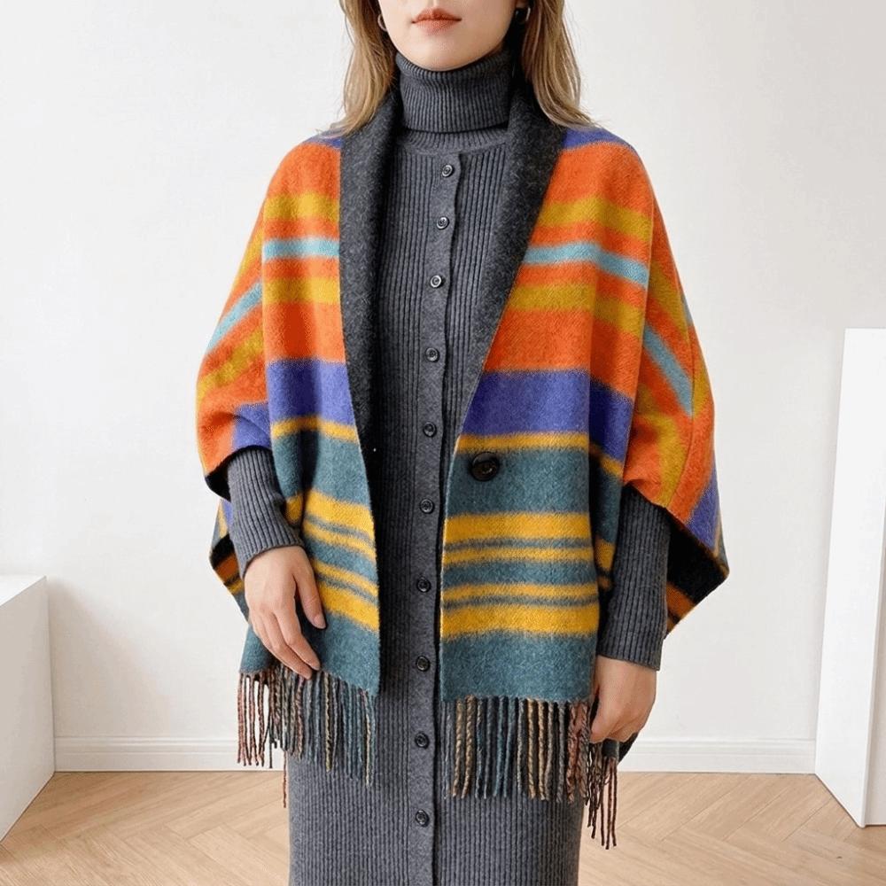 Faux Wool Double‑Sided Plaid Poncho Shawl Thick Knit Checkered Fringe Cape Blanket Shawl Winter