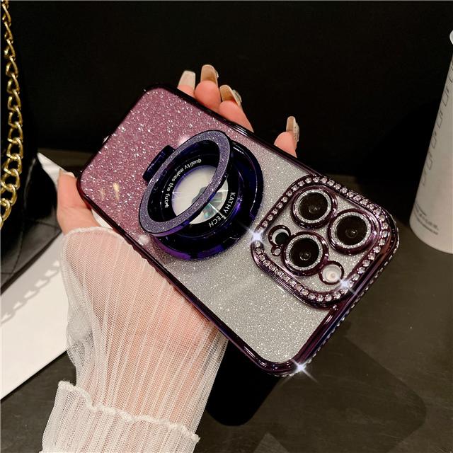 For iPhone 16 Pro Max Luxury Glitter Stand Holder Plating Flash Diamond Frame Phone Case For iPhone 11 12 13 14 15 16 Plus Cover
