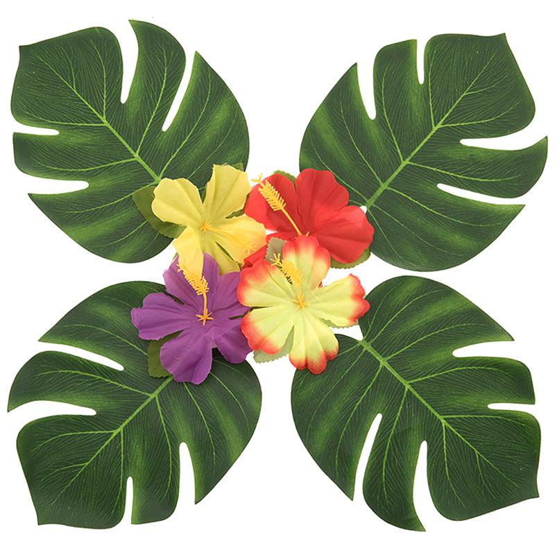 12Pcs Hawaii Artificial Palm Leaf Turtle Back Leaf Jungle Beach Theme Party Flower Arrangement Mat Accessories Cup Mat
