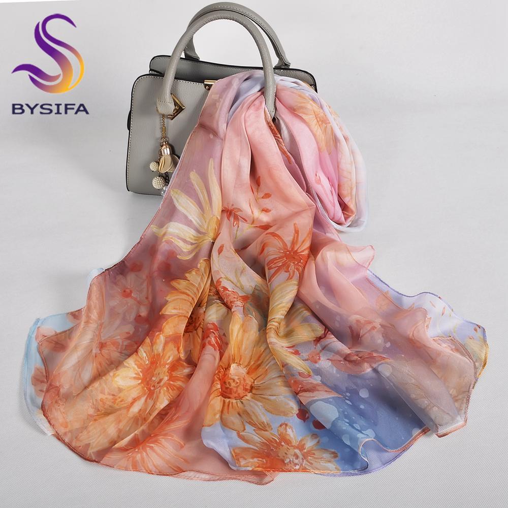 [BYSIFA] Blue Green 100% Mulberry Silk Scarf Wrap Winter Flower Design Chiffon Long Scarves Shawls Ladies Beach Shawl Echarpes