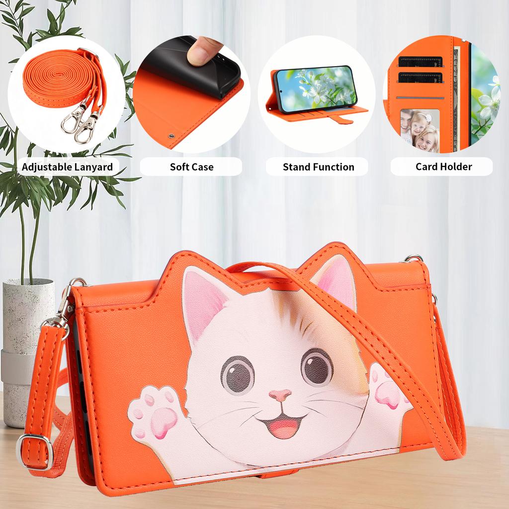 Crossbody Cute Cat Leather Long Rope Cards Slot Wallet Case for iPhone 17Pro Max 16 15 14 13 12 11 Shockproof For Magsafe Cover