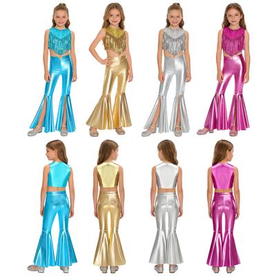 Meisjes 70s Disco Kostuum 2-delige Set Metallic Glans Pailletten Mouwloze Top Gespleten Bell Bottom Broek
