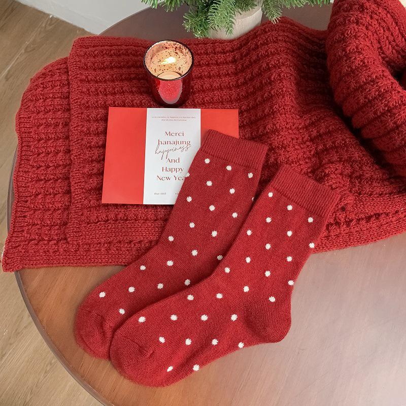 Women's Red Wool Mid-Calf Socks: Winter Warmth, New Year & Christmas Gift