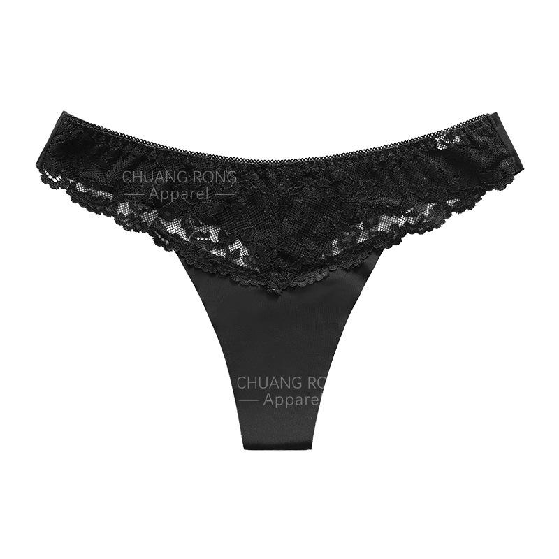 

Summer seamless ice silk panties female sexy lace stitching low waist breathable sports large size thong S чёрный