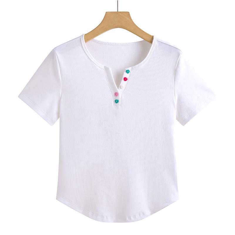 Korean Style Slim Fit Women's V-neck Short Sleeve T-shirt - Solid Color Fashion Top