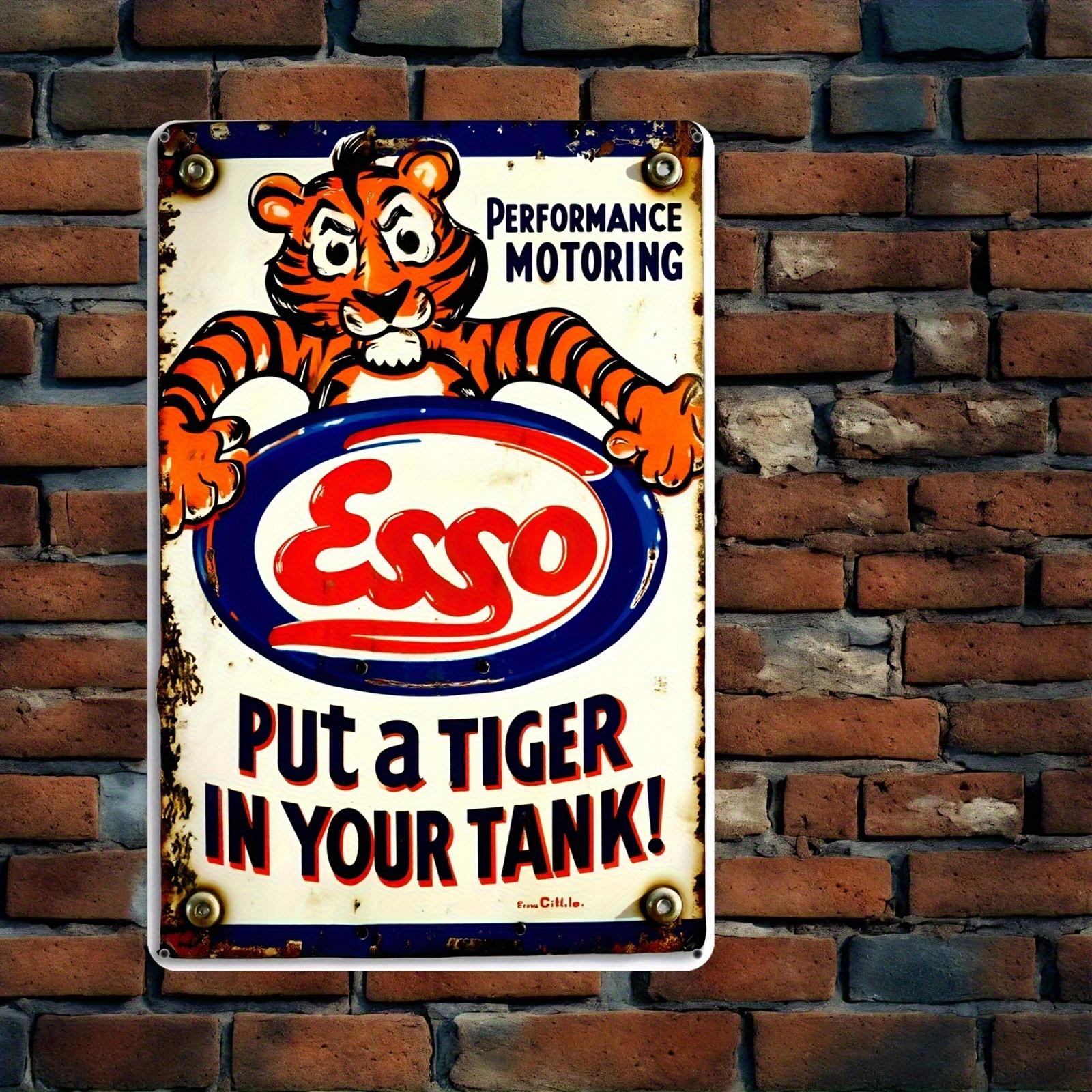 Винтажная металлическая табличка Esso Tiger Ретро Декор для бензоколонки со слоганом «Помести тигра в бак» Прочный Железный Гараж для 20x30cm（7.8x11.8inch）