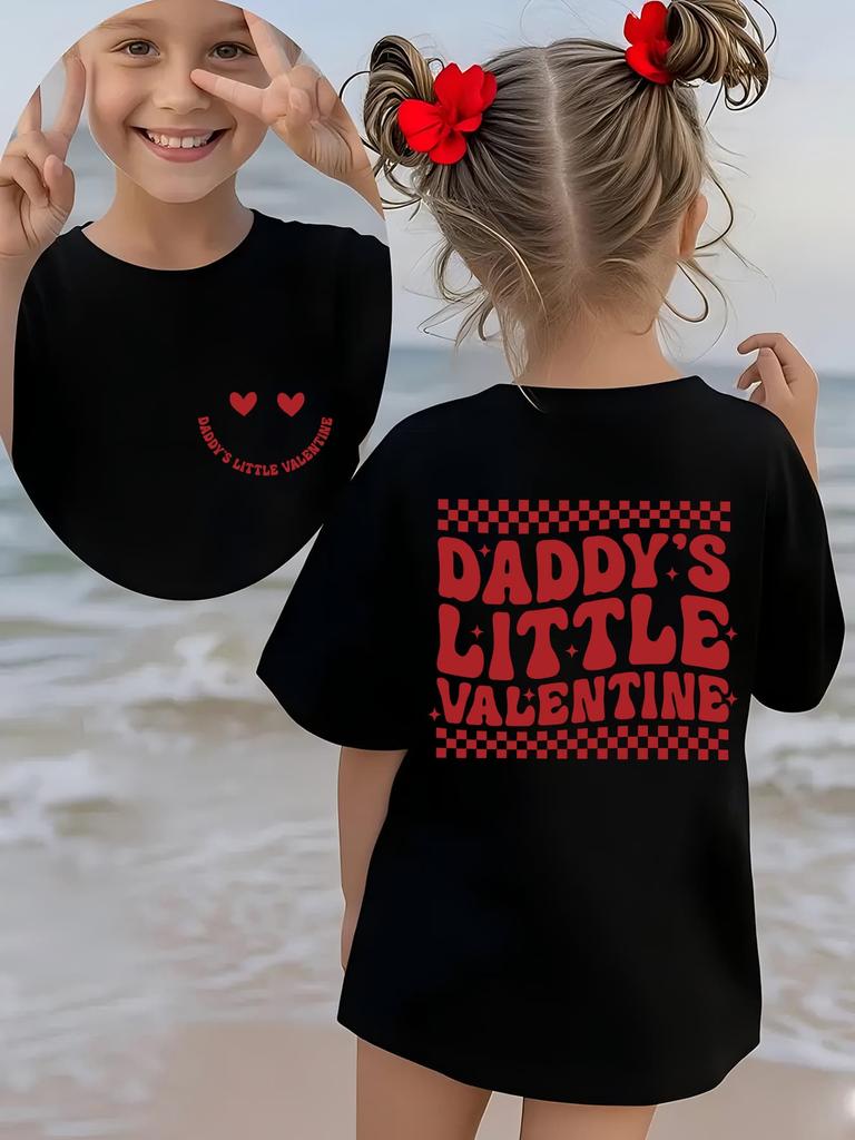 Mărimi europene Fete Modă de vară Tricou cu mânecă scurtă DADDYS LITTLE VALENTINE Imprimeu desen animat carouri și ochi de inimă Gât rotund casual