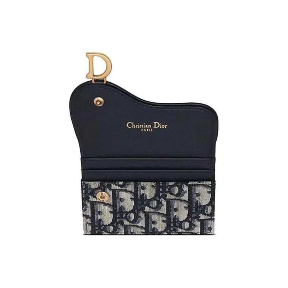 DIOR Classic Oblique Allover Print Embroidered Flap Thin Wallet Leather Card Holder Women's Denim Blue