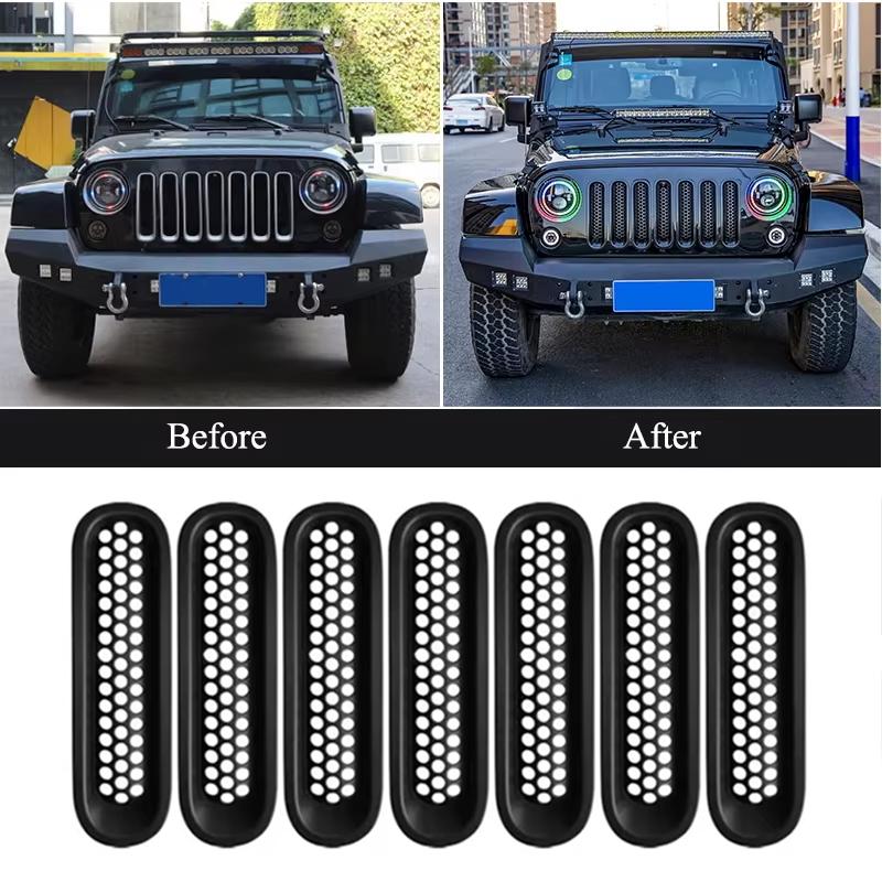7Pcs Matte Gloosy Black Front Grille Mesh Inserts Trim Car Sticker Grille Cover Guard for Jeep Wrangler JK 2007-2017 Car Styling