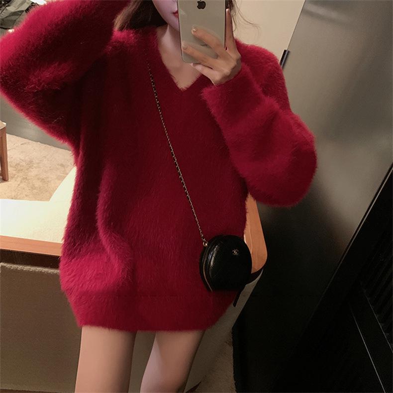 Women's Imitation Mink V-Neck Sweater - Spring & Autumn Korean Sweet Lazy Style, Soft & Plus Size Knitted Sweater