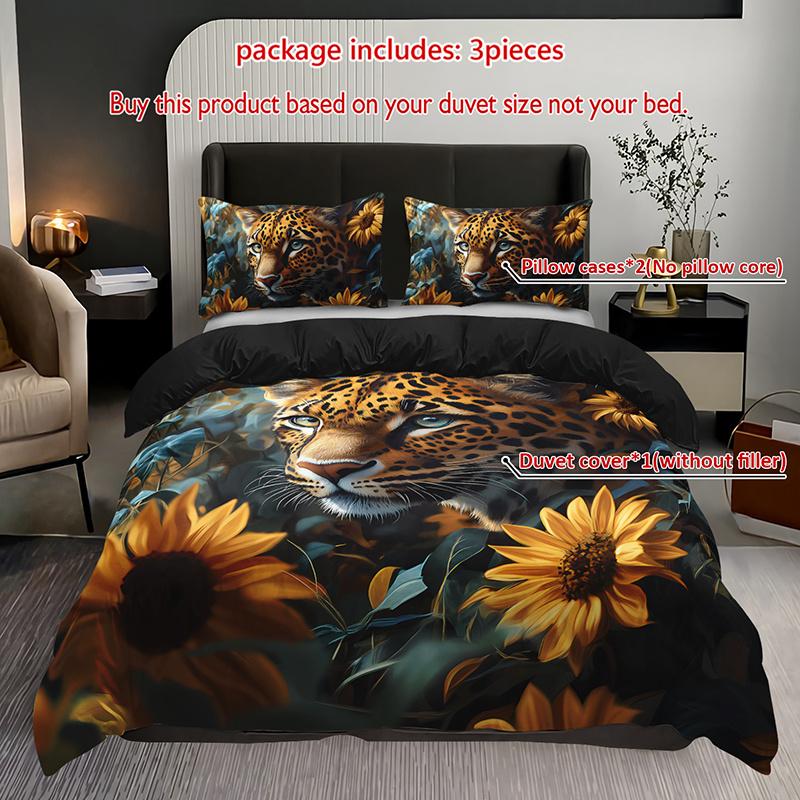 

3Pcs Leopard Sunflower Bedding Duvet Cover Set Luxury Leopard Bedding Quilt Set Wildlife Themed Bed Quilt Set Elegant Duvet Cover Set&EU Single(135x200cm)