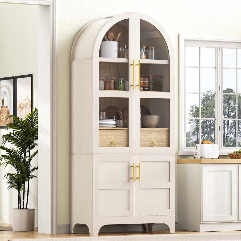 Highboard with Adjustable Shelves and Drawer, with Fluted Glass and Large Storage Space, Ideal for Dining Room, Living Room and Kitchen (white)