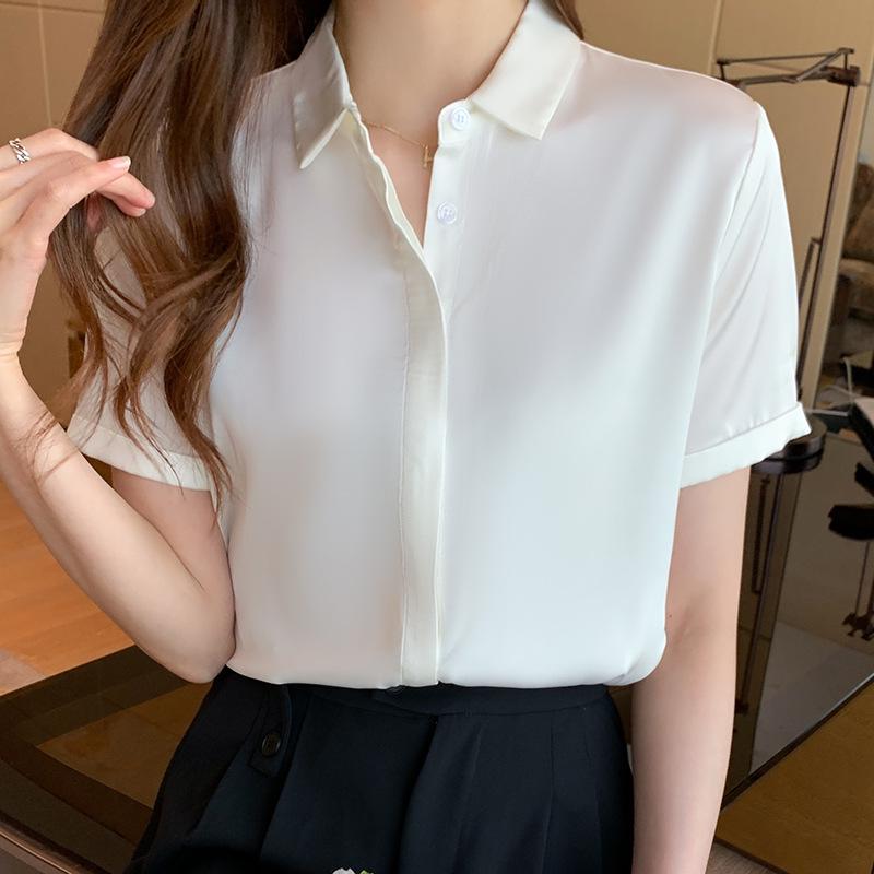 Women's Ash Blue Satin Long Sleeve Shirt - Retro Hong Kong Style, Spring Commute, Concealed Placket, Versatile Drapey Blouse