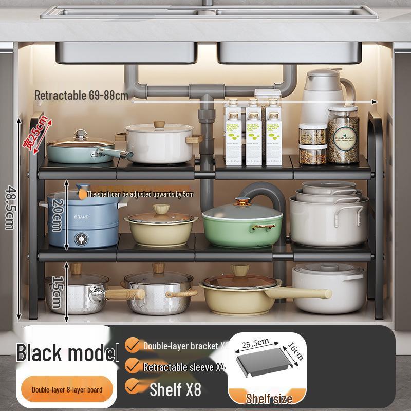 Retractable Under-Sink Tiered Shelf and Pot Storage Rack