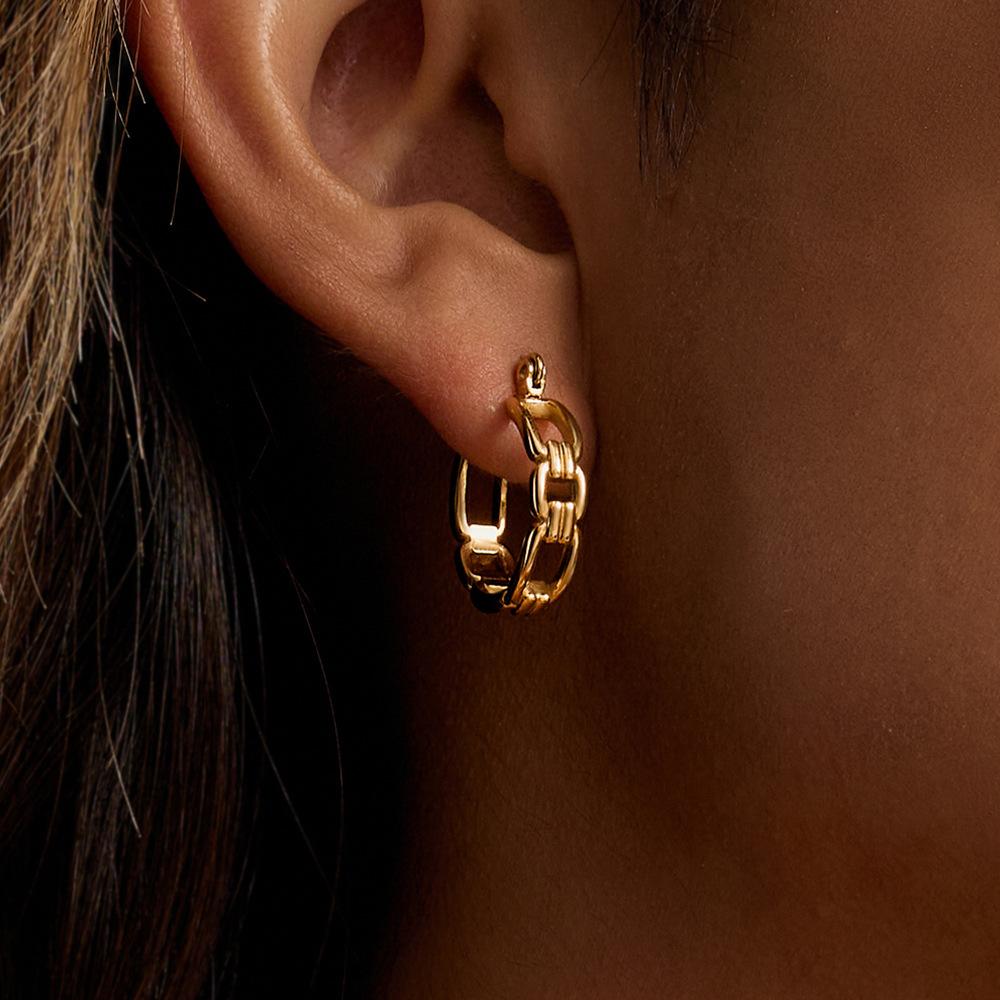 Design Sense Classic Style 18K Gold Steel Flat Chain Hollow Earrings Simple Earrings