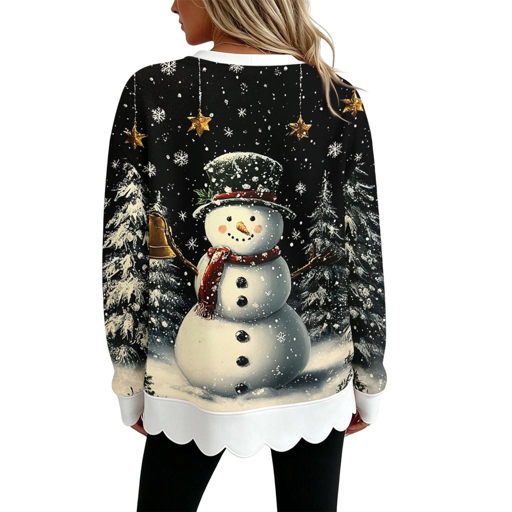 Women's Loose Fit Crewneck Sweatshirt with Scalloped Wavy Hem and Christmas Print, Long Sleeve Pullover Top