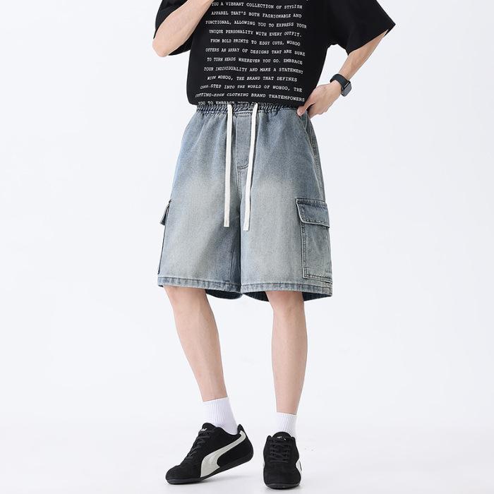 

New Summer Style Full Elastic Waist Workwear Style Denim Fabric Versatile Men s 5-point Medium Pants 3XL