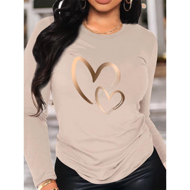 Spring and Autumn Women's Fashion Casual Loose Heart Pattern Printed Long Sleeve Round Neck T-shirt