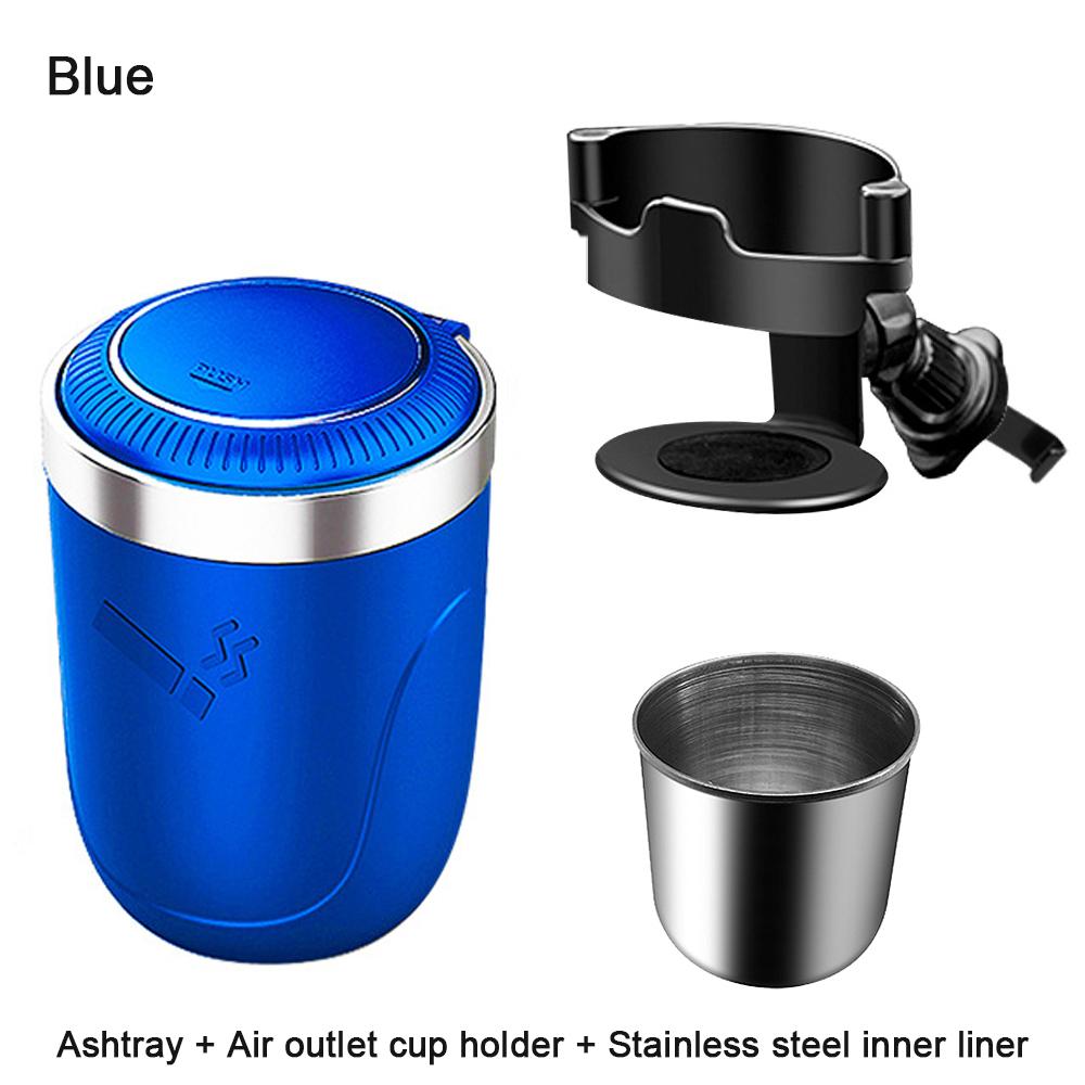 Car Ashtray with Lid Smell Proof Stainless Steel Blue Led Portable Ashtray Cup for Auto Fireproof Shell One Touch Open