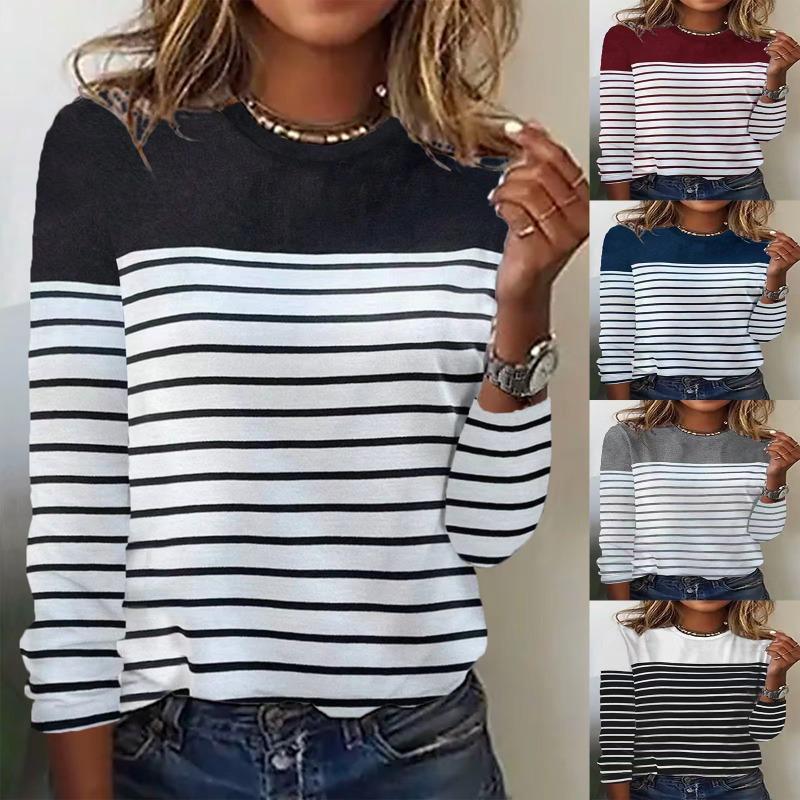 2025 Women's Long-sleeved T-shirt Striped Two-color Printed Spliced O-neck Fashion Top Basic Casual Tees