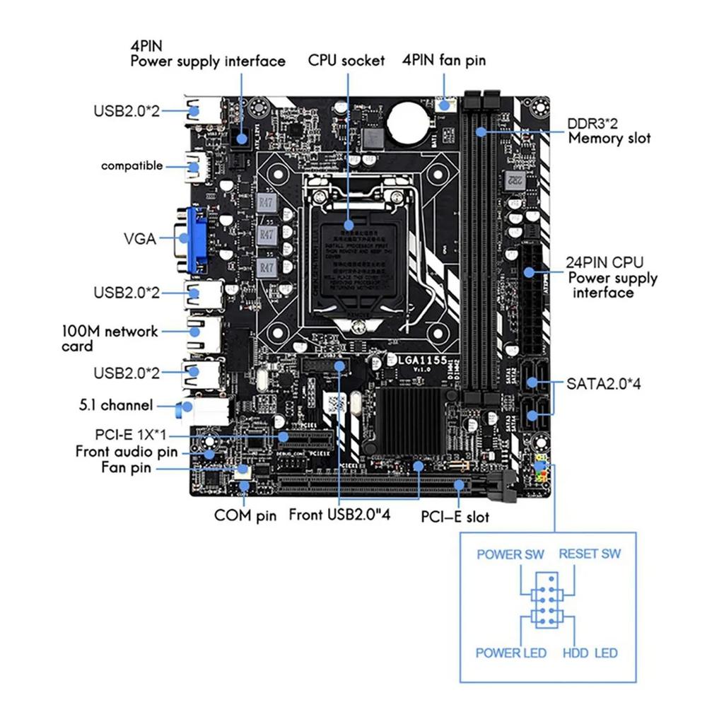 JINGSHA H61M Motherboard Dual channel DDR3 Memory Slots VGA+HD Display Interfaces Support LGA1155 CPU(Core i3 i5 i7)
