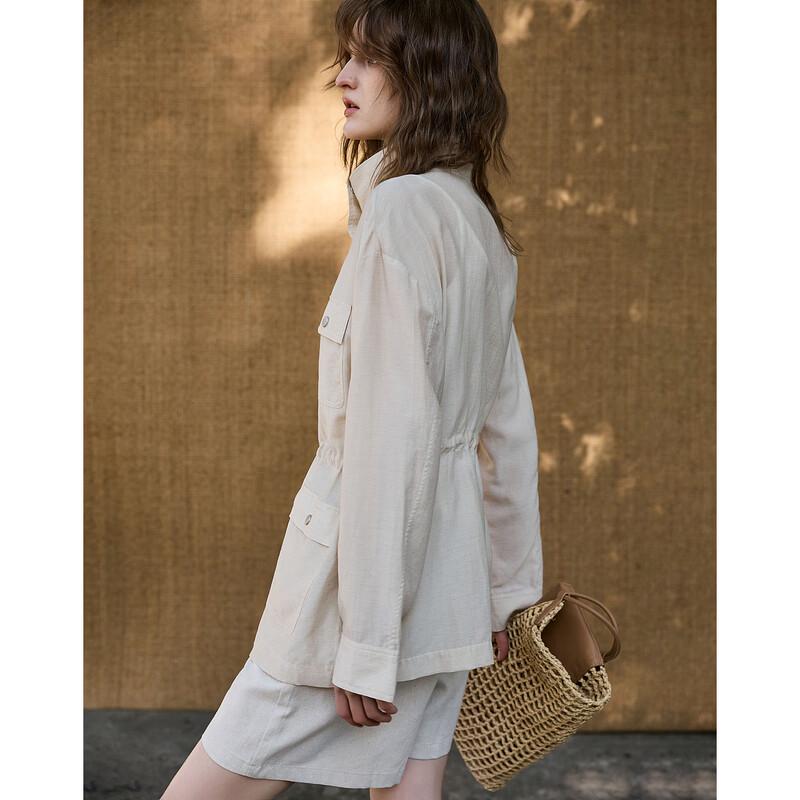 Demana Linen Blend Stand Collar Drawstring Waist Jacket