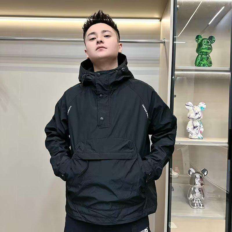 Men's Autumn Hooded Workwear Jacket with Zipper and Large Pocket - Casual, Loose, Trendy, Velvet-Lined
