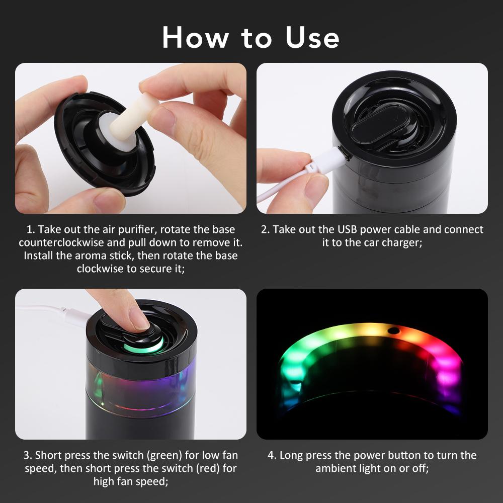 Mini Car Air Purifier Rapid purification Removing Formaldehyde Odors Inside Car Negative Ion Ambient Light Car Air Purifier