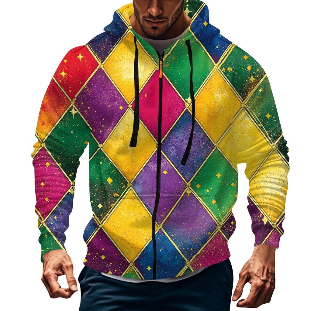 Men's Sports Casual Fleece Hoodie Carnival Print Hoodie Cardigan Zipper Multi-pocket Hoodie Coat