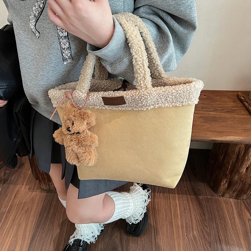 

Ніша портативна сумка з кошиком для овочів з вовни ягняти 2024, нова плюшева двостороння сумка-відро для жінок 24*12*23 хакі