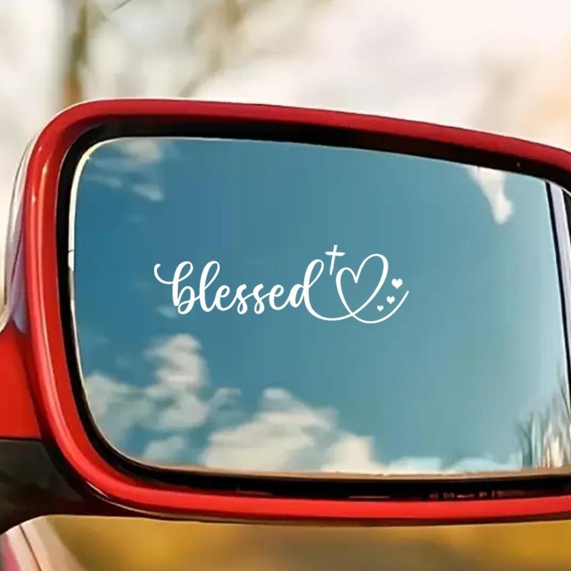 Funny Heart-Shaped Rearview Mirror Sticker - Black Religious Text Self-Adhesive Vinyl Decal, Suitable for Cars, Mugs.