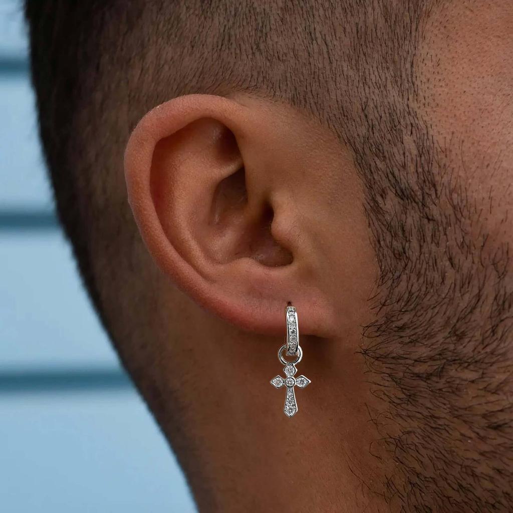 Vnox Cross Pendant Hoop Earrings for Men Boys, 27.6mm Silver Color Copper Zircon Punk Jewelry, Gothic Style Birthday Party Gifts