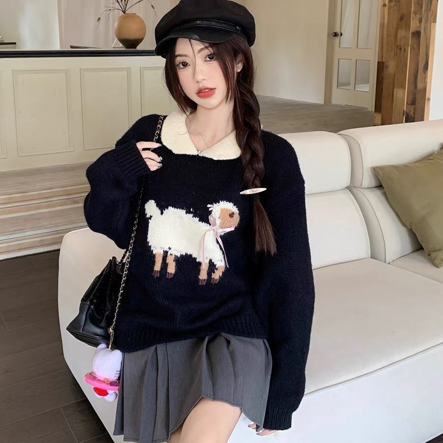 

Французский нишевый дизайн, контрастный вязаный топ, уменьшающий возраст, новый осенний свитер с длинными рукавами и кукольным вырезом для женской одежды One Size чёрный