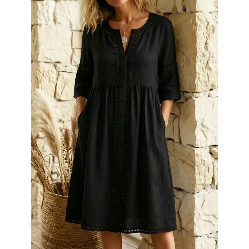 JPNTKY Fashion Summer Spring Solid Color Print V-Neck 3/4 Sleeves Casual Dresses