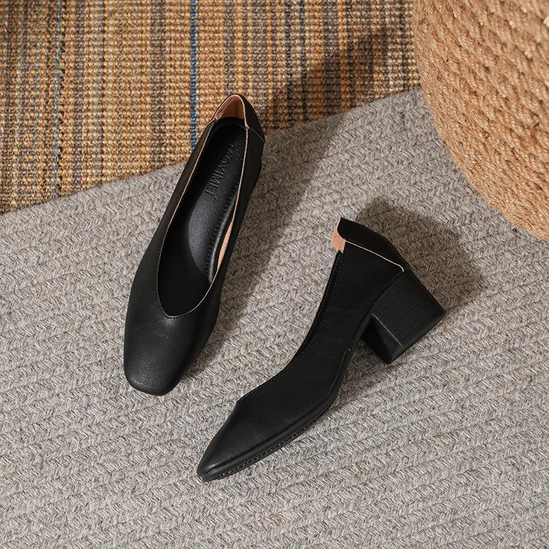 Leather 3.5cm thick heel middle heel single shoes women's spring and autumn new French square head professional work non-grinding feet grandma shoes