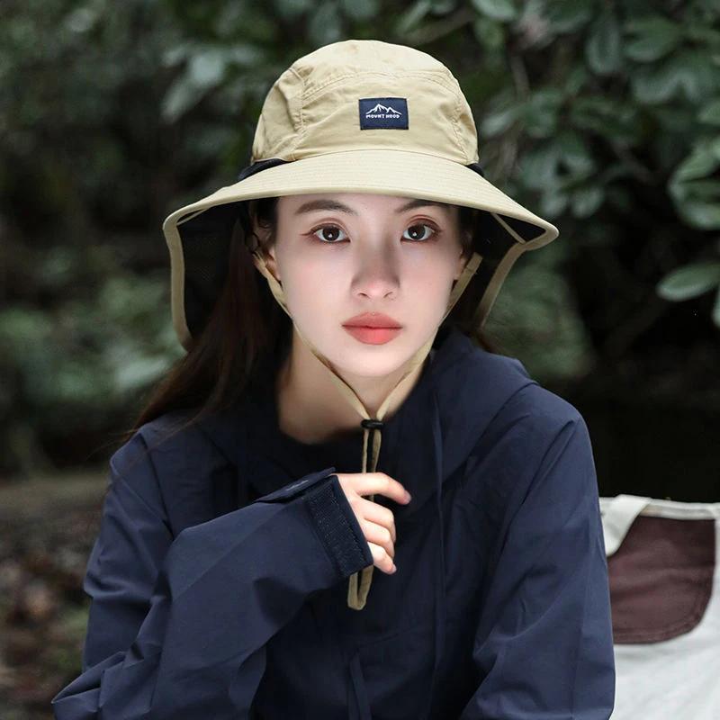 Summer Women Shawl Fisherman Hat Solid Color Plain Color Mesh Air Permeable Ventilated Wide Brim Sun Hat Men Outdoor Hiking Lacing Cap