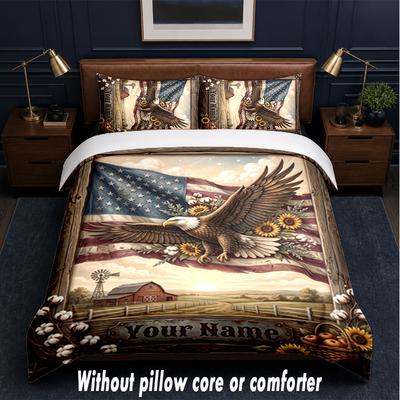 Set de așternut cu tematică patriotică americană, text sau nume personalizat, 3 piese, 1 cearșaf de deasupra și 2 fețe de pernă, așternut personalizat pentru casă